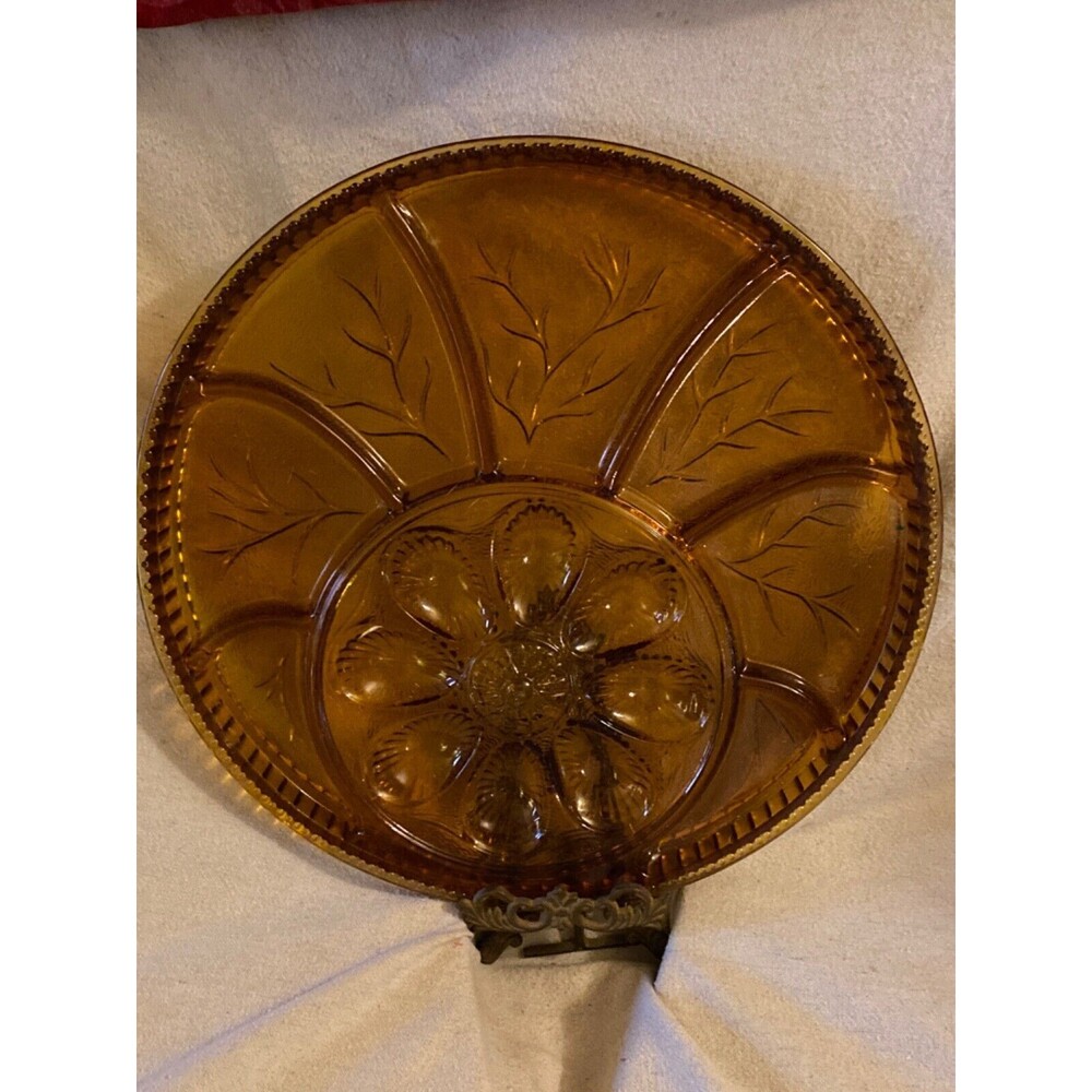 Vintage Indiana Glass Egg Relish Tray Serving Platter Hors D'oeuvre Plate Amber
